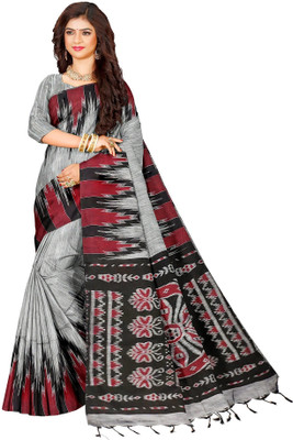 Quetzal Printed Sambalpuri Cotton Blend Saree(Grey)