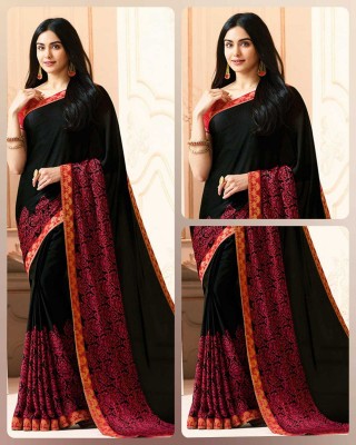 DIKONA DESIGNER Printed, Self Design, Digital Print, Embroidered, Floral Print, Solid/Plain Daily Wear Georgette, Chiffon Saree(Black)