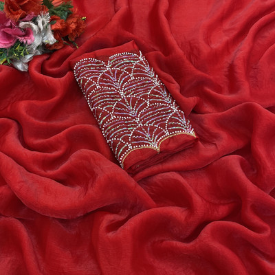 Ethina Fashion Embroidered Bollywood Chiffon Saree(Red)