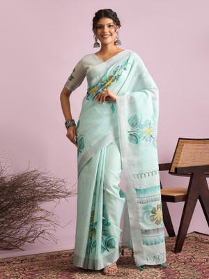 Sareemall Printed Tant Linen Saree(Light Blue)