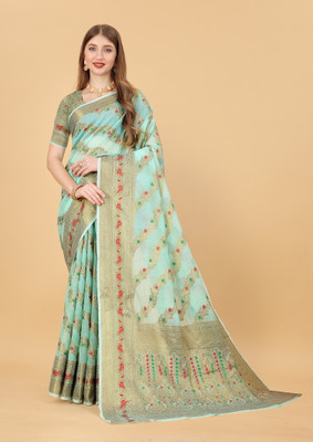Aika Woven Daily Wear Cotton Blend Saree(Light Blue)