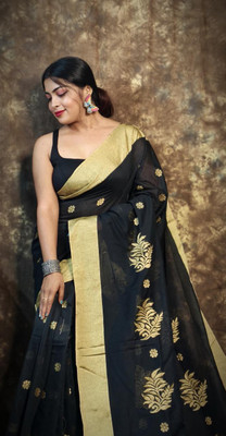 Roy saree center Woven, Embroidered, Floral Print, Temple Border Bollywood Pure Cotton Saree(Black)