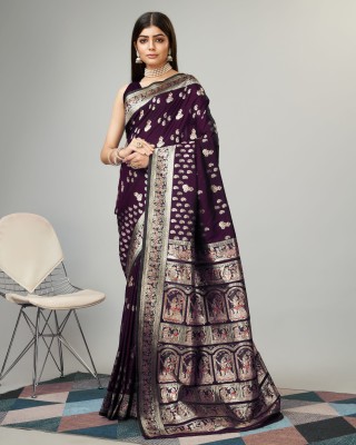 Ratnavali Woven Baluchari Silk Blend, Art Silk Saree(Purple)