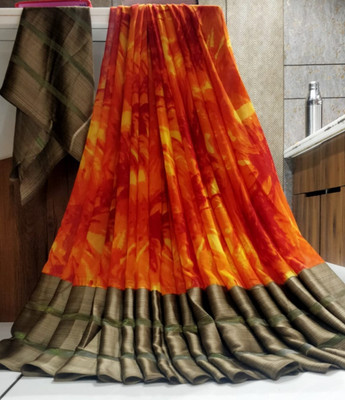 Bombey Velvat Fab Printed, Solid/Plain Murshidabad Mulmul, Chiffon Saree(Orange, Red)