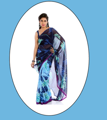Kanooda Prints Printed Daily Wear Georgette Saree(Dark Blue)