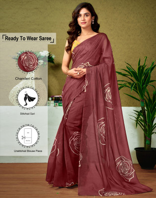 Satrani Floral Print, Geometric Print, Printed Sambalpuri Chanderi, Cotton Blend Saree(Brown)