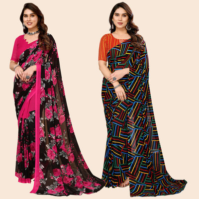 kashvi sarees Self Design, Printed Daily Wear Georgette Saree(Pack of 2, Pink, Black, Multicolor)