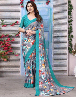 HouseOfCommon Floral Print Bollywood Georgette Saree(Grey, Light Green)