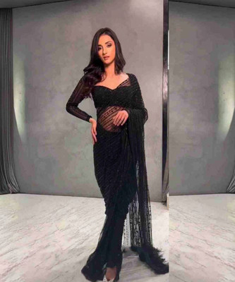 SIRIL Embellished, Self Design Bollywood Net Saree(Black)