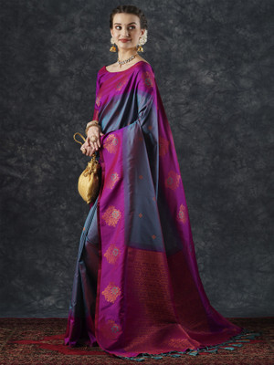 Sareemall Woven Banarasi Silk Blend Saree(Dark Blue)