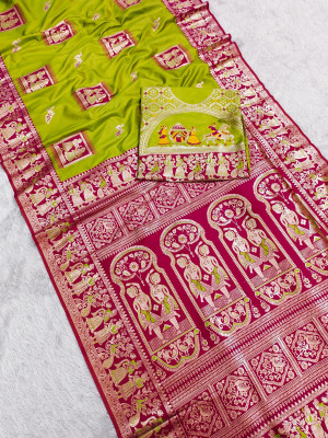 AARADHYA Woven Baluchari Silk Blend, Art Silk Saree(Light Green, Maroon)
