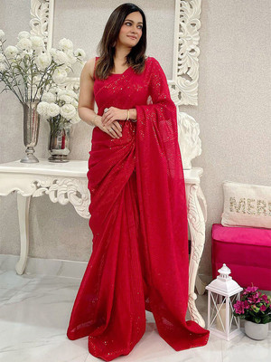 ANOUK Embellished Saree with Attached Blouse Georgette Saree(Red)