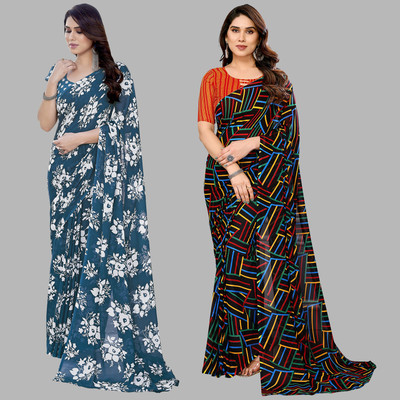 kashvi sarees Self Design, Printed Daily Wear Georgette Saree(Pack of 2, Dark Green, Multicolor)