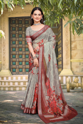 Vinayak Textile Printed Bollywood Linen Saree(Grey)