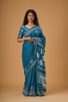 KRISHNA FASHION Printed Daily Wear Pure Cotton Saree(Light Blue)