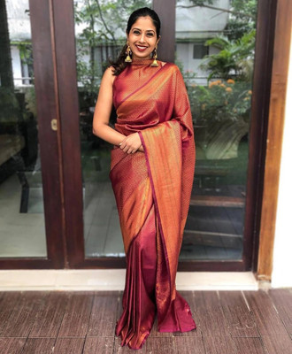 Anjaneya Sarees Woven Kanjivaram Silk Blend Saree(Red)