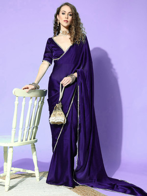 Sonika Solid/Plain Bollywood Silk Blend Saree(Purple)