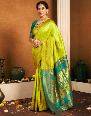 Divastri Woven, Embellished Paithani Silk Blend, Jacquard Saree(Green)