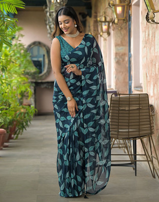Samah Floral Print, Printed Daily Wear Chiffon Saree(Dark Blue)