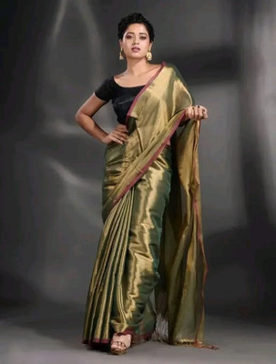 Bhadra Shopping Store Woven Handloom Handloom Tissue Saree(Dark Green)