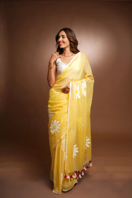 Aquiliq Floral Print Handloom Pure Cotton Saree(Yellow)