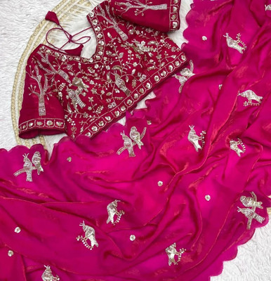 Mortile Designer Studio Embroidered Kanjivaram Silk Blend Saree(Pink)