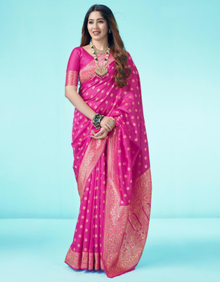 Anmi Printed Kanjivaram Jacquard, Silk Blend Saree(Pink, Gold)