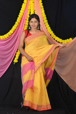 Ahana Textile Solid/Plain Handloom Cotton Blend Saree(Yellow)