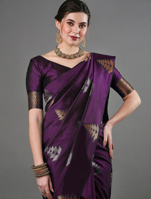 HELVER Self Design Banarasi Jacquard Saree(Purple)