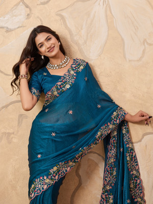 BHAGYAVATI DESIGNER Embellished, Embroidered Bollywood Chiffon Saree(Blue)
