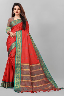 rangbhakti Self Design Banarasi Cotton Silk, Cotton Blend Saree(Red)