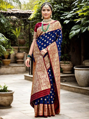 ANOUK Woven Kanjivaram Silk Blend Saree(Dark Blue)