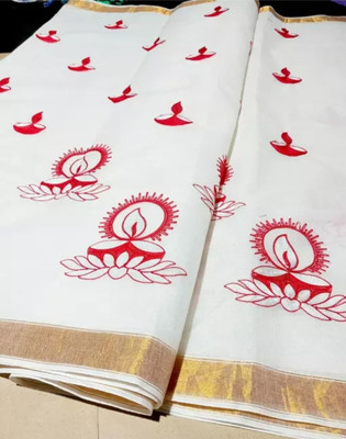 Sayak Creation Embroidered Tant Handloom Cotton Blend Saree(White)