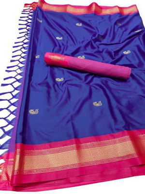 Vishal Creations Solid/Plain Banarasi Cotton Silk Saree(Blue, Pink)