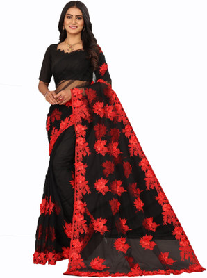 Mactos Embroidered Bollywood Net Saree(Black, Red)
