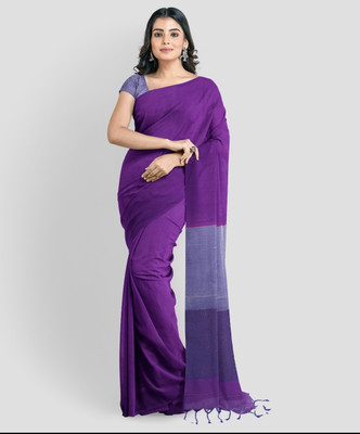 SAYAN CREATION Self Design Handloom Cotton Blend Saree(Purple)