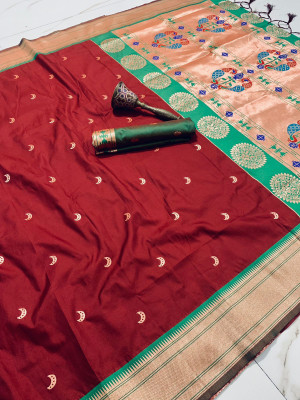 LeeliPeeri Designer Printed Paithani Cotton Silk Saree(Maroon)