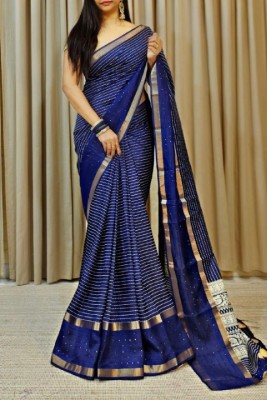 Bansari Textiles Self Design, Woven, Temple Border, Applique, Striped, Printed Banarasi Cotton Blend, Jacquard Saree(Blue)