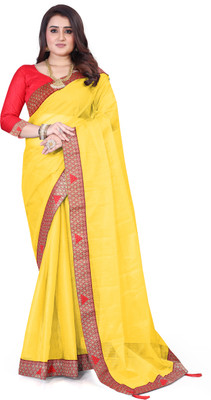 GAVUBAA Temple Border, Solid/Plain Bollywood Net Saree(White)