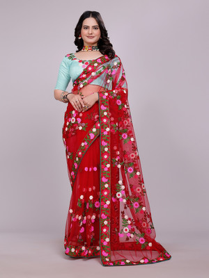FAMOUS ZONE Embroidered Bollywood Net Saree(Red)