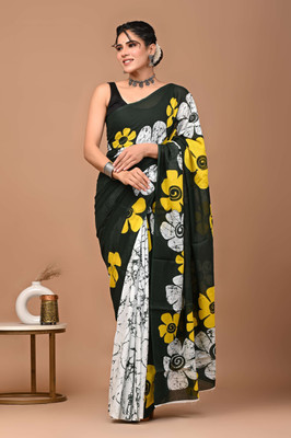 Printed Threads Printed Daily Wear Pure Cotton Saree(Black)