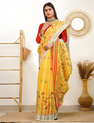 Mervadiya Printed Kanjivaram Pure Cotton, Cotton Linen Saree(Yellow, Red)