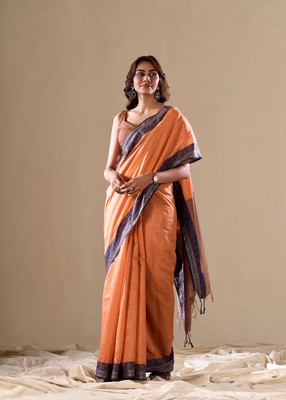Manokamna Solid/Plain, Printed Handloom Cotton Linen Saree(Orange)