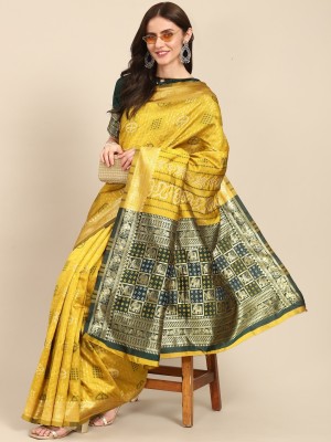 Tasrika Woven, Printed Banarasi Jacquard, Cotton Silk Saree(Yellow)