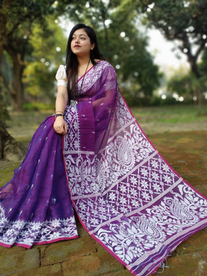 ADbutiq Applique Bollywood Handloom Cotton Blend Saree(White)