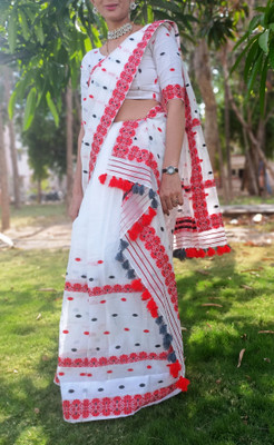 NijEnterprise Woven Mekhela Chador Cotton Blend Saree(Red, Black)
