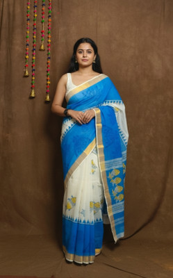 ABC Floral Print, Printed, Woven Tant Pure Cotton Saree(Blue)