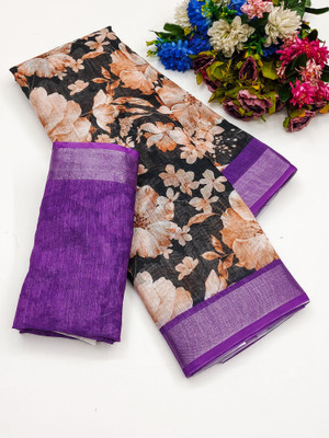 Millstar Digital Print, Embellished Bollywood Cotton Linen, Art Silk Saree(Black)