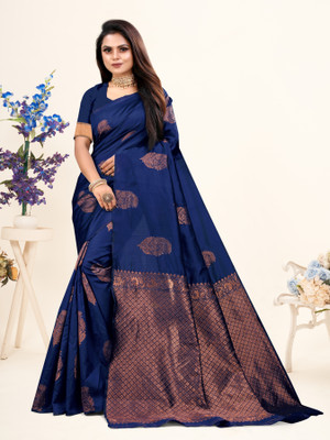 VARNI DESIGNER HUB Floral Print Banarasi Silk Blend Saree(Dark Blue)