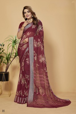 vedashri Floral Print Daily Wear Chiffon Saree(Maroon)